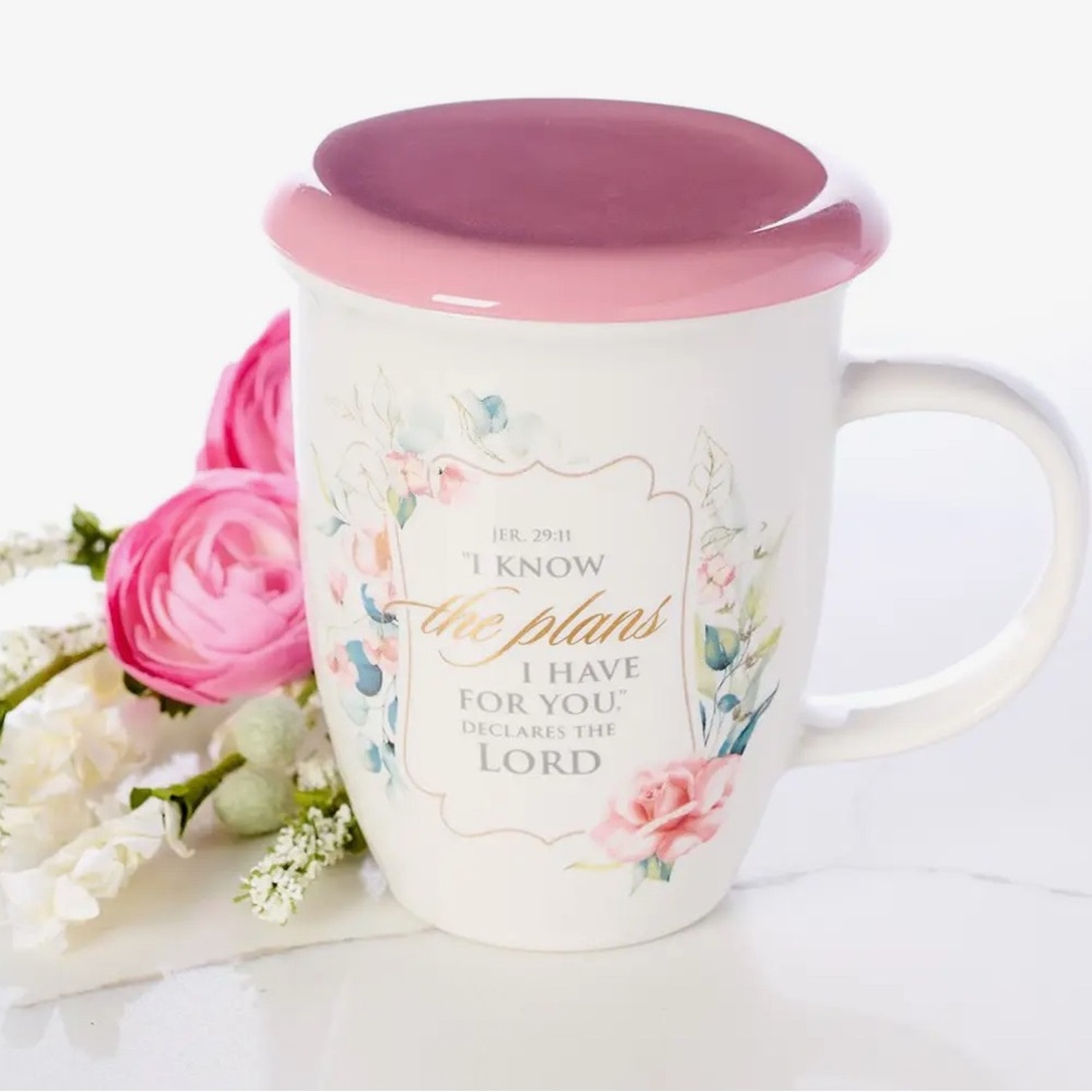 Floral Pink Ceramic Mug with Lid - Inspirational Scripture Design
